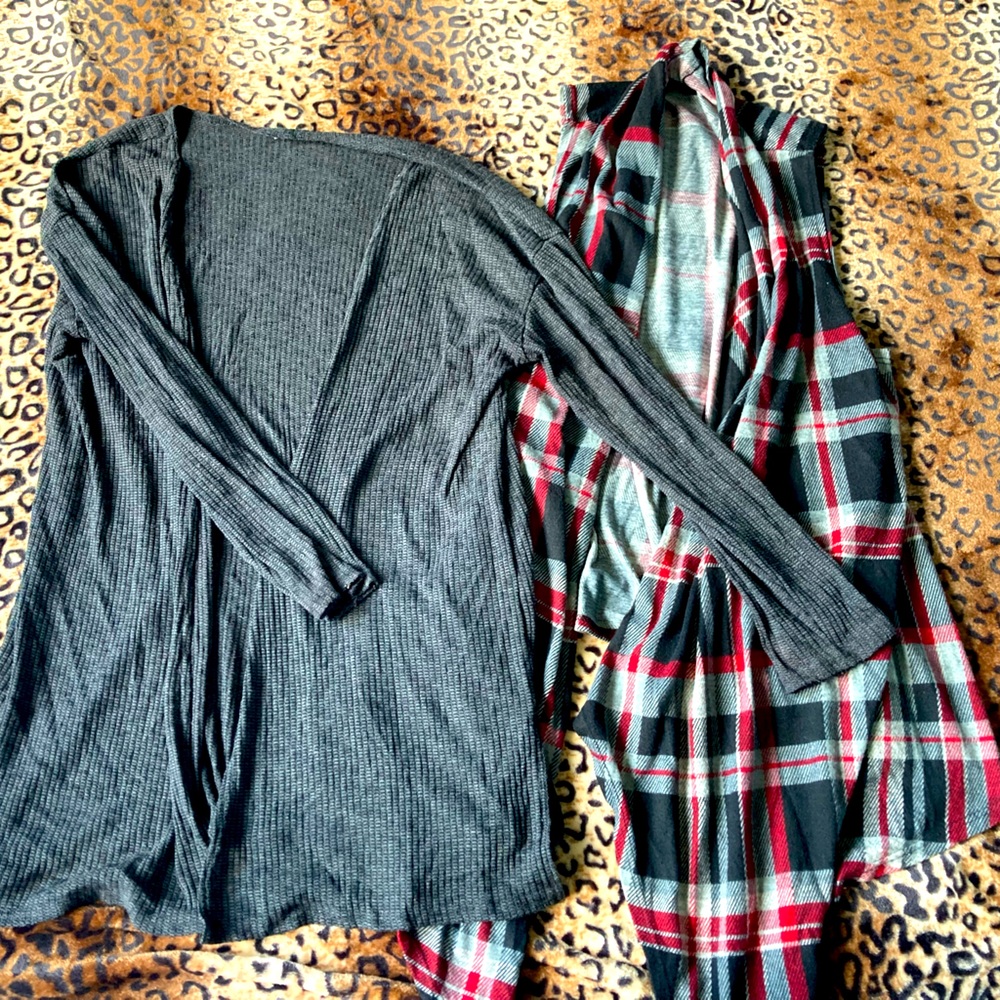 Fall Cardigans Size L Lot of 2 Red Flannel & Grey Knitted Sweater